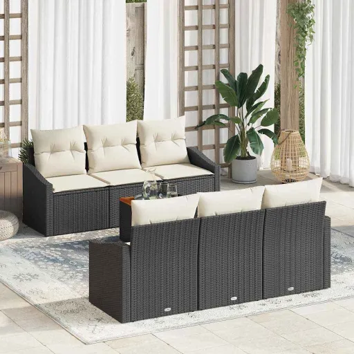 Conjunto de Sofá de Jardim   Preto e Creme Vime PE (7 pcs)