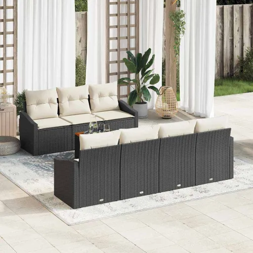 Conjunto de Sofá de Jardim   Preto e Creme Vime PE (8 pcs)