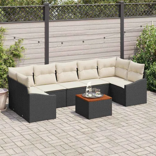 Conjunto de Sofá de Jardim   Preto e Creme Vime PE (8 pcs)