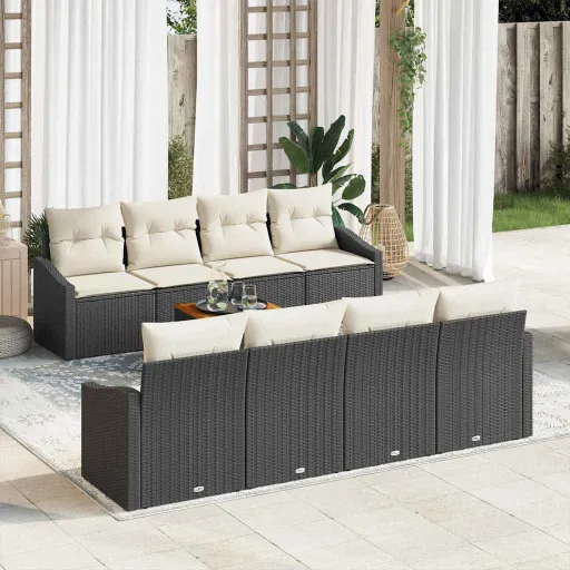 Conjunto de Sofá de Jardim   Preto e Creme Vime PE (9 pcs)