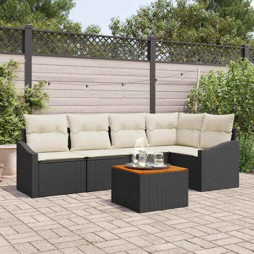 Conjunto de Sofá de Jardim   Preto e Creme Vime PE (6 pcs)