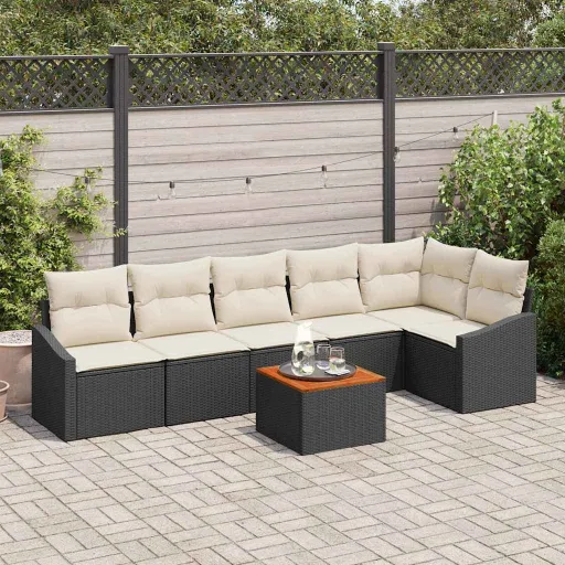Conjunto de Sofá de Jardim   Preto e Creme Vime PE (7 pcs)
