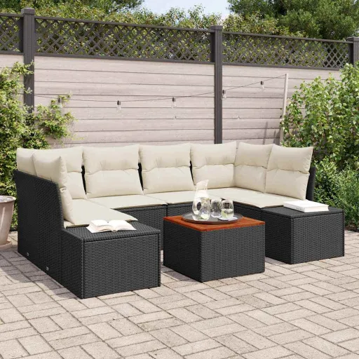 Conjunto de Sofá de Jardim   Preto e Creme Vime PE (7 pcs)