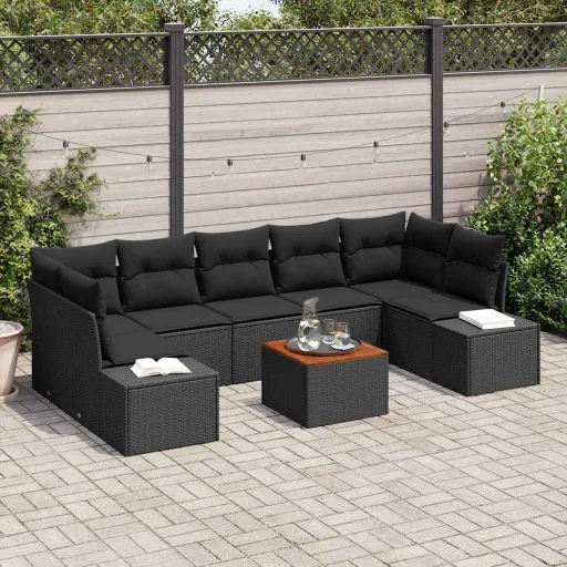 Conjunto de Sofá de Jardim   Preto Vime PE (8 pcs)