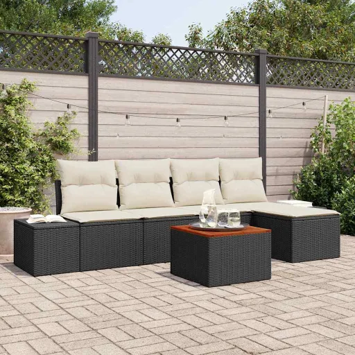 Conjunto de Sofá de Jardim   Preto e Creme Vime PE (6 pcs)