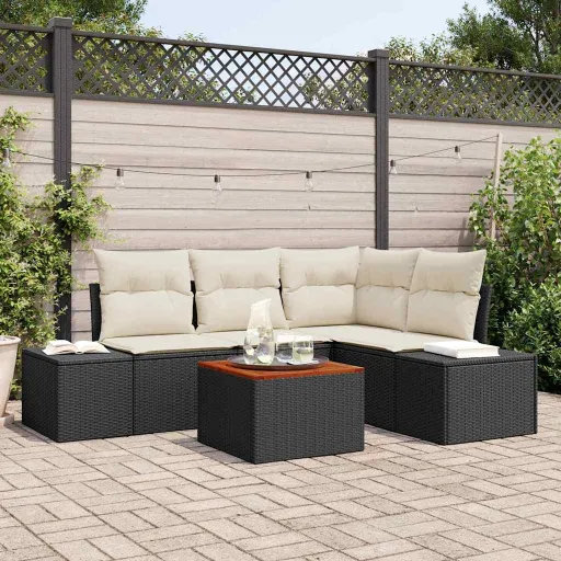 Conjunto de Sofá de Jardim   Preto e Creme Vime PE (5 pcs)