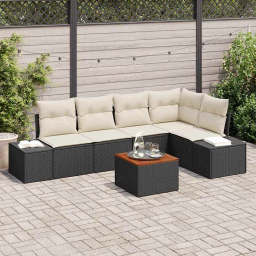 Conjunto de Sofá de Jardim   Preto e Creme Vime PE (6 pcs)