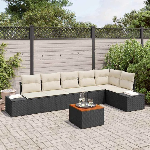 Conjunto de Sofá de Jardim   Preto e Creme Vime PE (7 pcs)