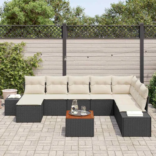 Conjunto de Sofá de Jardim   Preto e Branco (9 pcs)