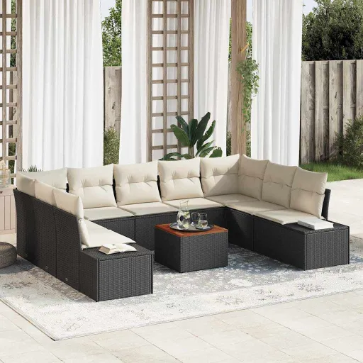 Conjunto de Sofá de Jardim   Preto e Branco (10 pcs)