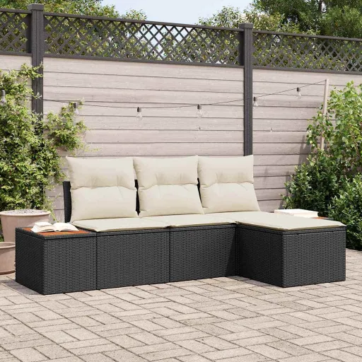 Conjunto de Sofá de Jardim com Almofada   Preto e Creme (4 pcs)