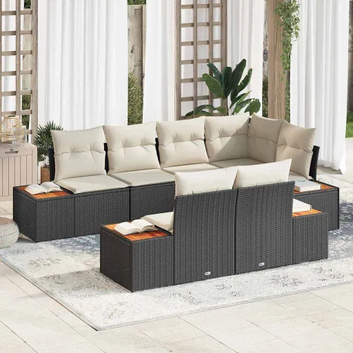 Conjunto de Sofá de Jardim   Preto e Creme Polirattan (7 pcs)