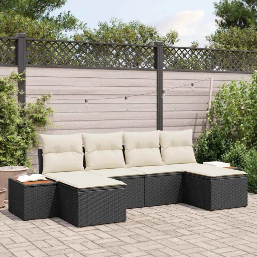 Conjunto de Sofá de Jardim com Almofada   Preto e Creme (6 pcs)