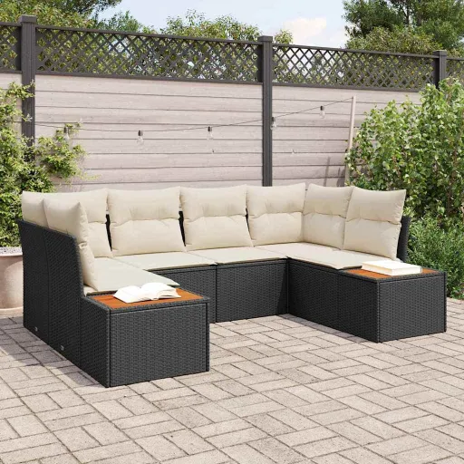 Conjunto de Sofá de Jardim   Preto e Creme Polirattan (6 pcs)