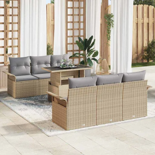 Conjunto de Sofá de Jardim   Bege Rattan de Polipropileno (7 pcs)