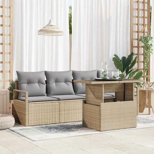 Conjunto de Sofá de Jardim   Bege Rattan Sintético (5 pcs)