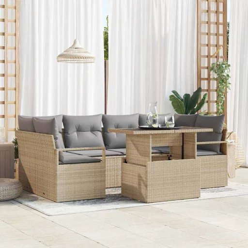 Conjunto de Sofá de Jardim   Bege Rattan Sintético (7 pcs)