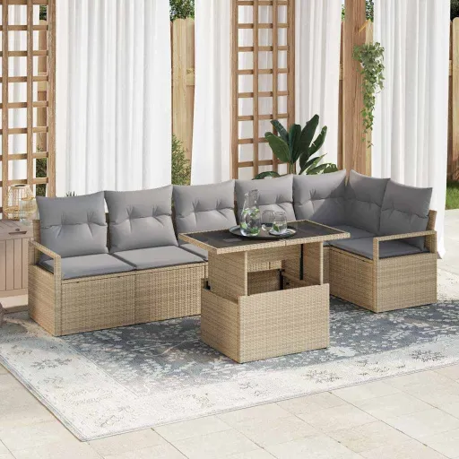 Conjunto de Sofá de Jardim   Bege Rattan Sintético (7 pcs)
