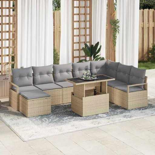 Conjunto de Sofá de Jardim   Bege Rattan Sintético (9 pcs)