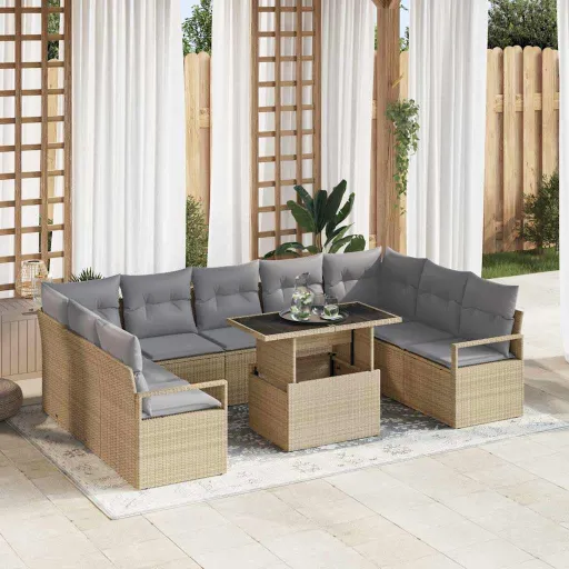 Conjunto de Sofá de Jardim   Bege Rattan Sintético (10 pcs)