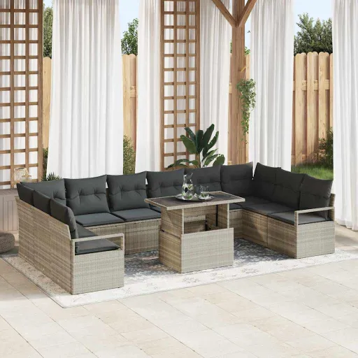 Conjunto de Sofá de Jardim   Cinzento-Claro Vime PE (11 pcs)