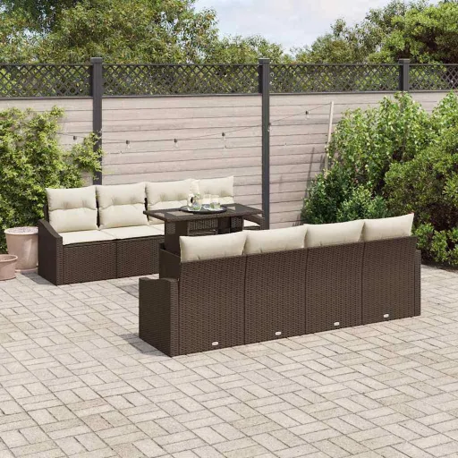 Conjunto de Sofá de Jardim com Almofada   Castanho Vime PE (9 pcs)
