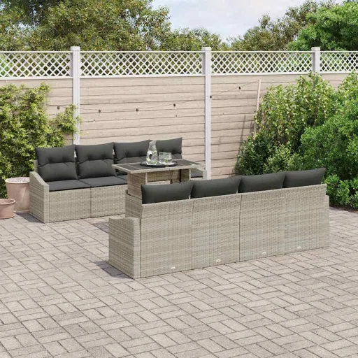 Conjunto de Sofá de Jardim   Cinzento-Claro Vime PE (9 pcs)
