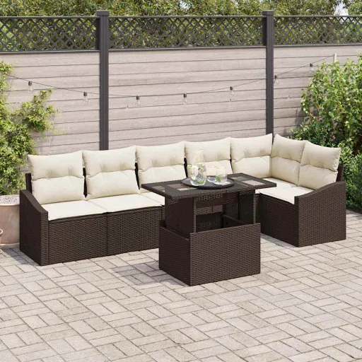 Conjunto de Sofá de Jardim com Almofada   Marrom e Creme (7 pcs)