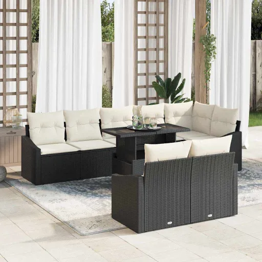 Conjunto de Sofá de Jardim com Almofada   Preto e Creme (9 pcs)