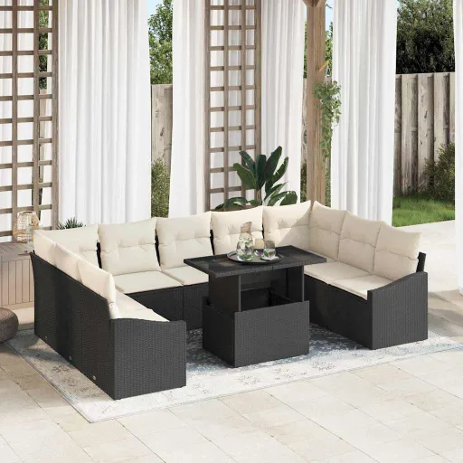 Conjunto de Sofá de Jardim com Almofada   Preto e Creme (10 pcs)