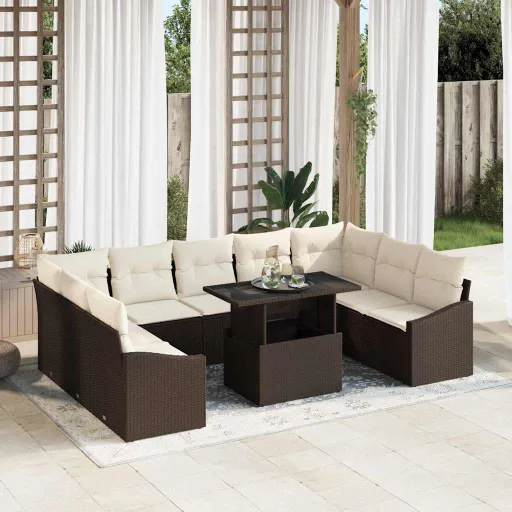 Conjunto de Sofá de Jardim com Almofada   Marrom e Creme (10 pcs)