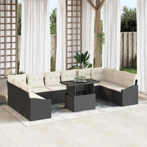 Conjunto de Sofá de Jardim com Almofada   Preto e Creme (11 pcs)