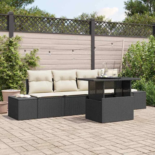 Conjunto de Sofá de Jardim com Almofada   Preto e Creme (5 pcs)