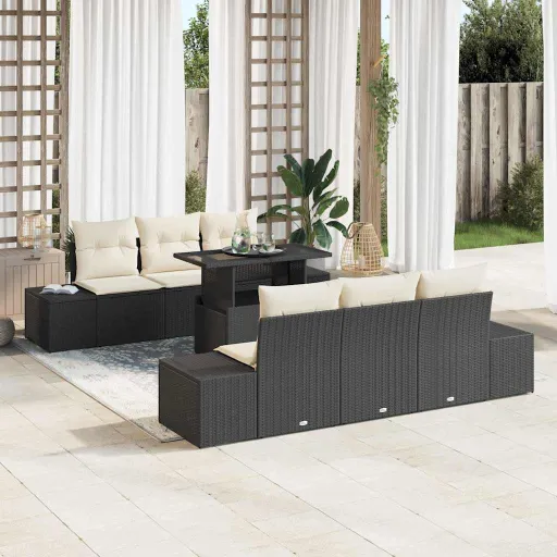 Conjunto de Sofá de Jardim com Almofada   Preto e Creme (7 pcs)