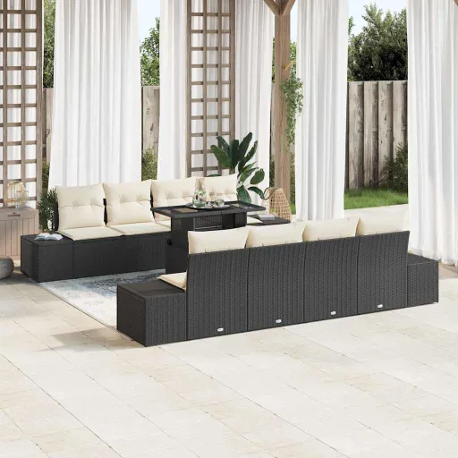 Conjunto de Sofá de Jardim com Almofada   Preto e Creme (9 pcs)