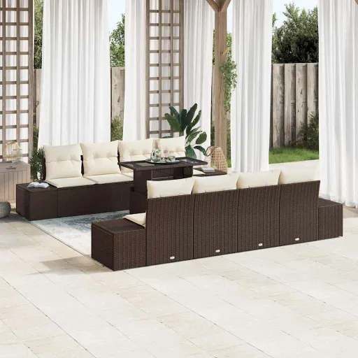 Conjunto de Sofá de Jardim com Almofada   Marrom e Creme (9 pcs)