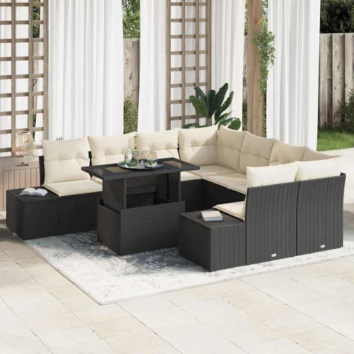 Conjunto de Sofá de Jardim com Almofada   Preto e Creme (9 pcs)