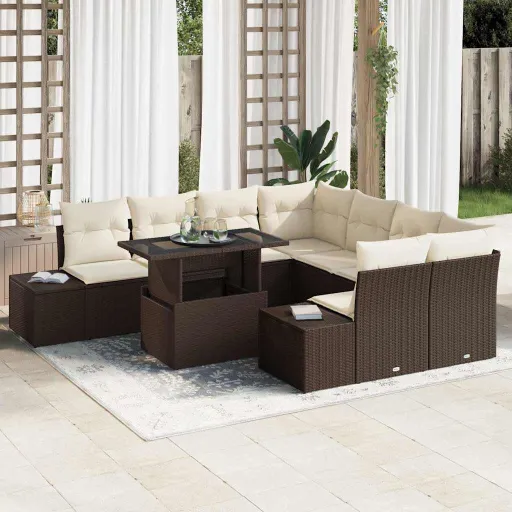 Conjunto de Sofá de Jardim   Marrom e Creme Vime PE (9 pcs)
