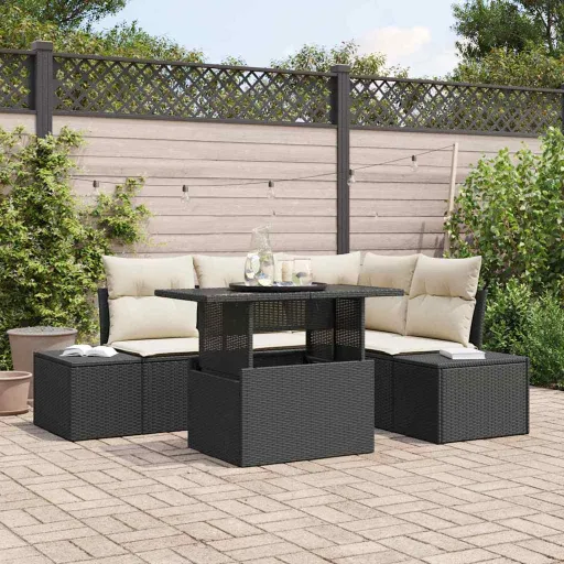 Conjunto de Sofá de Jardim com Almofada   Preto Vime PE (5 pcs)
