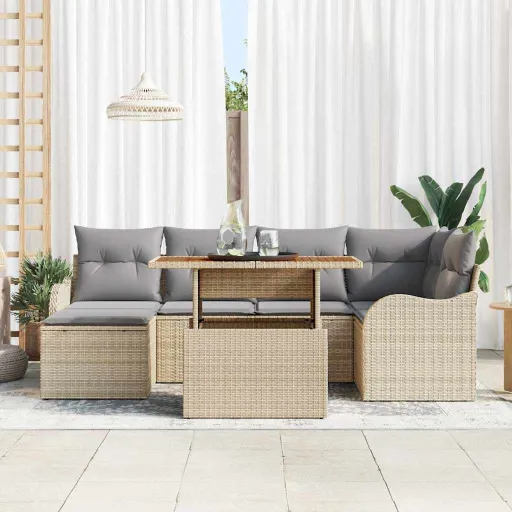 Conjunto de Sofá de Jardim   Bege Rattan Sintético (7 pcs)