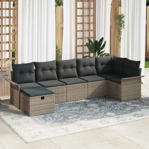 Conjunto de Sofá de Jardim com Almofada   Cinzeto Vime PE (7 pcs)