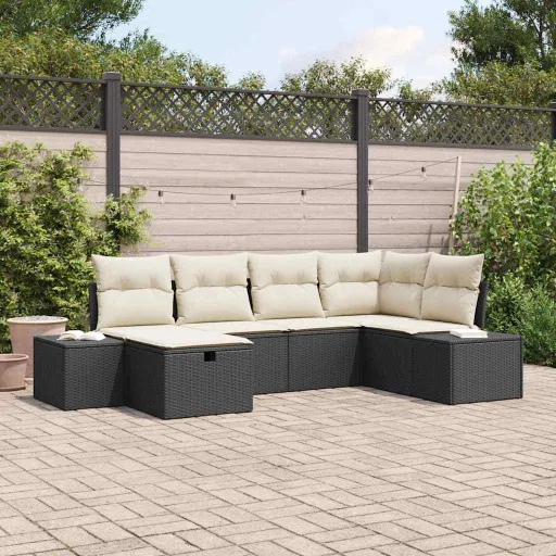 Conjunto de Sofá de Jardim com Almofada   Preto Vime PE (6 pcs)