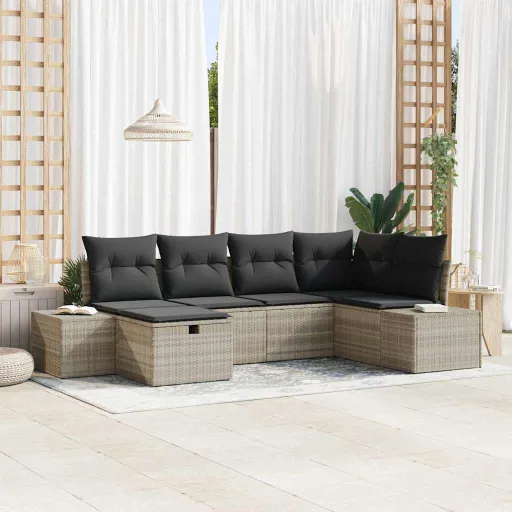 Conjunto de Sofá de Jardim   Cinzento-Claro Vime PE (6 pcs)