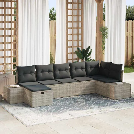 Conjunto de Sofá de Jardim   Cinzento-Claro Vime PE (7 pcs)