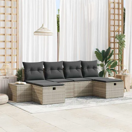 Conjunto de Sofá de Jardim   Cinzento-Claro Vime PE (6 pcs)