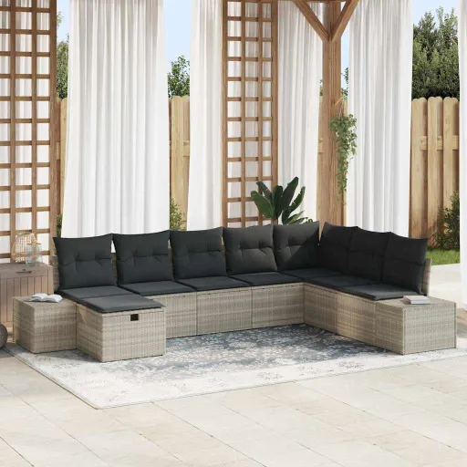 Conjunto de Sofá de Jardim   Cinzento-Claro Vime PE (8 pcs)