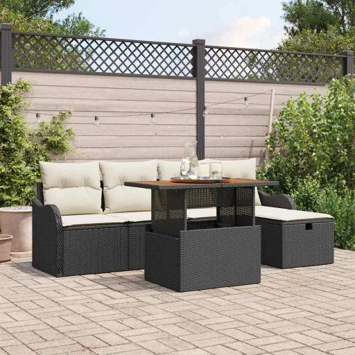 Conjunto de Sofá de Jardim com Almofada   Preto Vime PE (6 pcs)