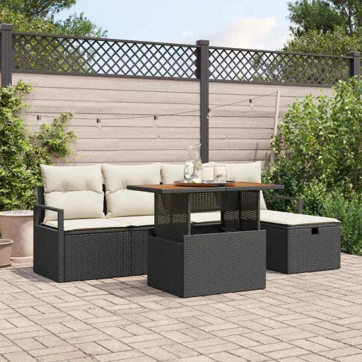 Conjunto de Sofá de Jardim com Almofada   Preto Vime PE (6 pcs)