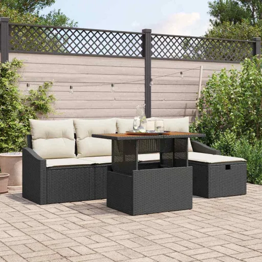 Conjunto de Sofá de Jardim com Almofada   Preto Vime PE (6 pcs)