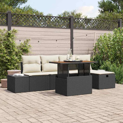 Conjunto de Sofá de Jardim com Almofada   Preto Vime PE (6 pcs)